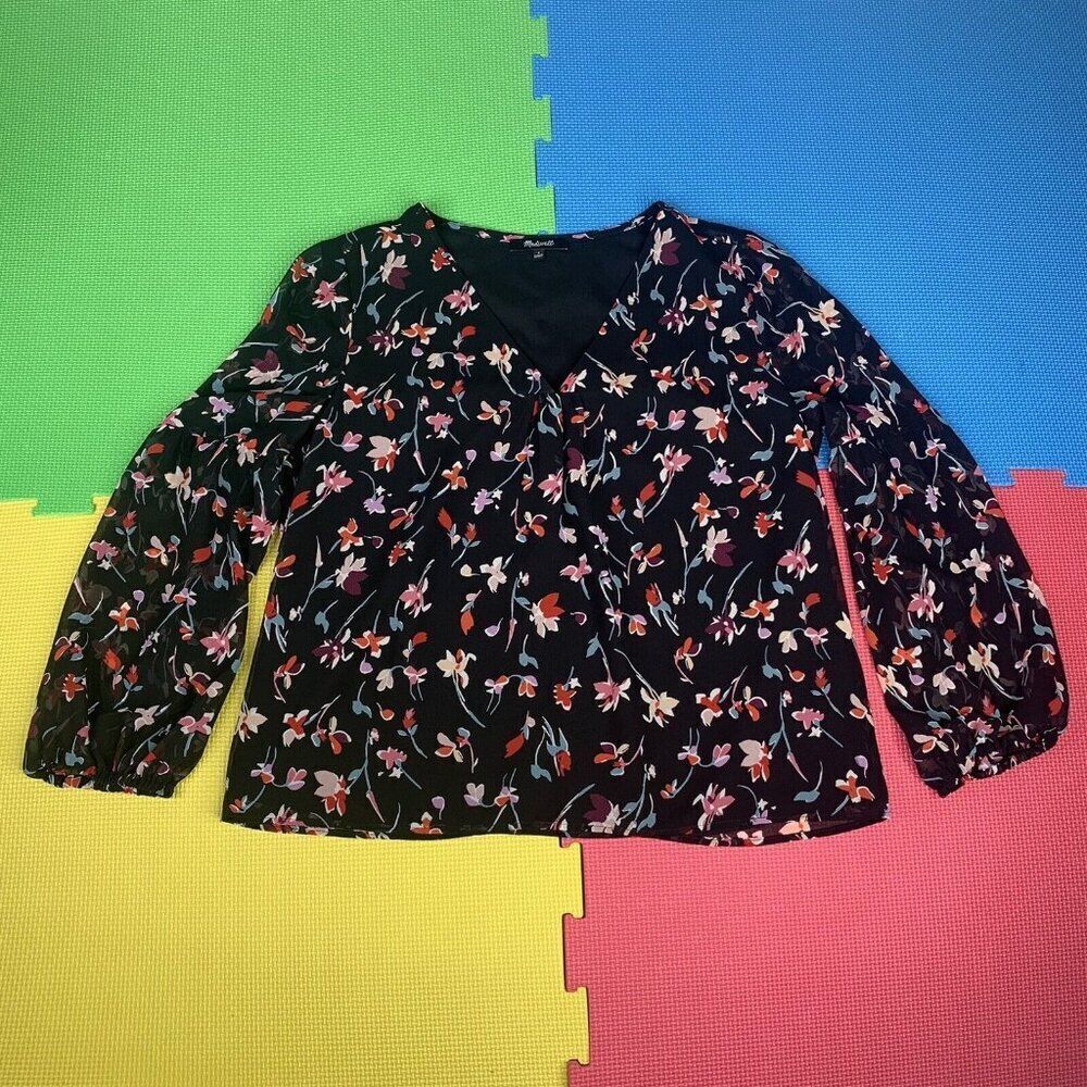 MADEWELL Women’s S Long Sleeve Blouse Drifting Flowers Shirred-Sleeve V Neck Top